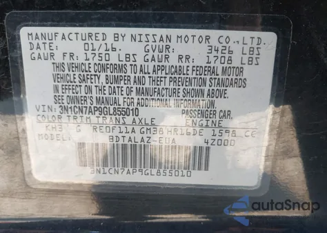 2016 Nissan Versa 1.6 S+ z USA, uszkodzony, nr VIN 3N1CN7AP9GL855010